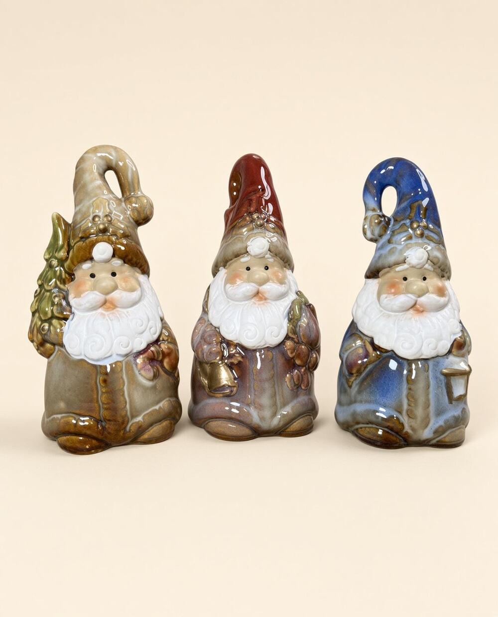 Ceramic Garden Gnomes Painted Hat Trio Speckled Glaze Figures Cottage Shelf Set